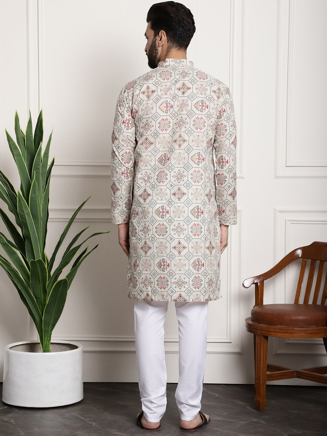 Sojanya Men Beige Printed Cotton Linen Kurta with Churidar | Swadesiicart