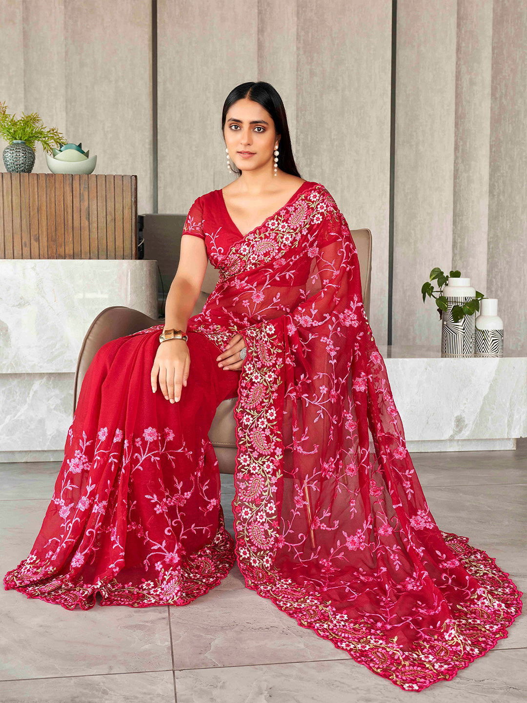 Tikhi Imli Floral Embroidered Chiffon Heavy Work Saree | Swadesiicart