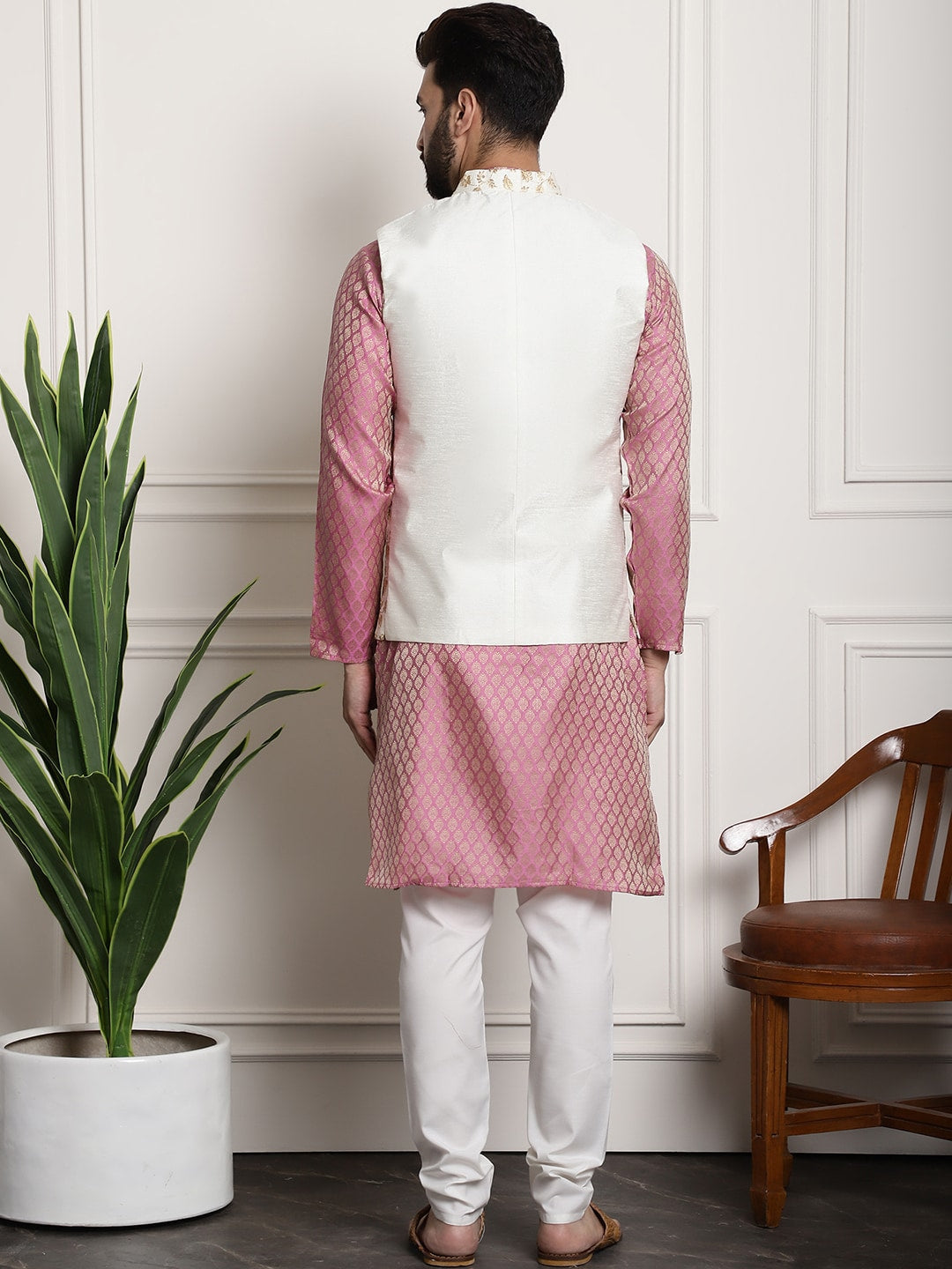 Sojanya Woven Design Mandarin Collar Kurta with Churidar & Nehru Jacket | Swadesiicart