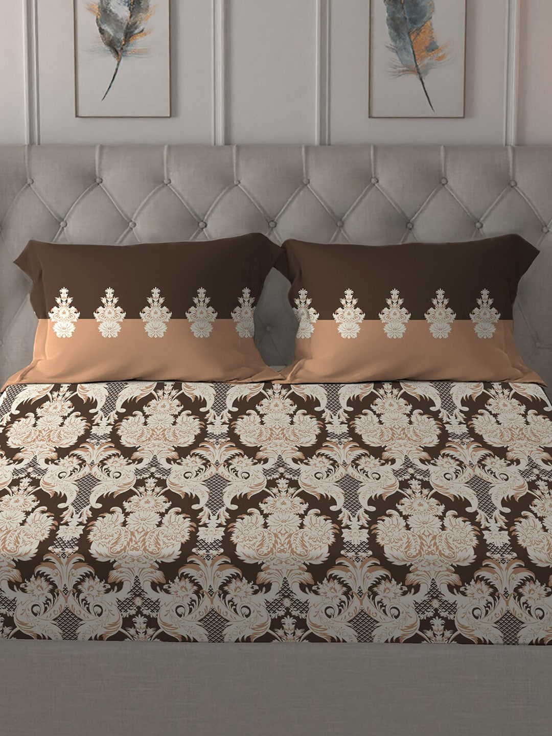 MYTRIDENT Brown White Ethnic Motifs Cotton 144 TC Queen Bedsheet With 2 Pillow Covers - Swadesiicart