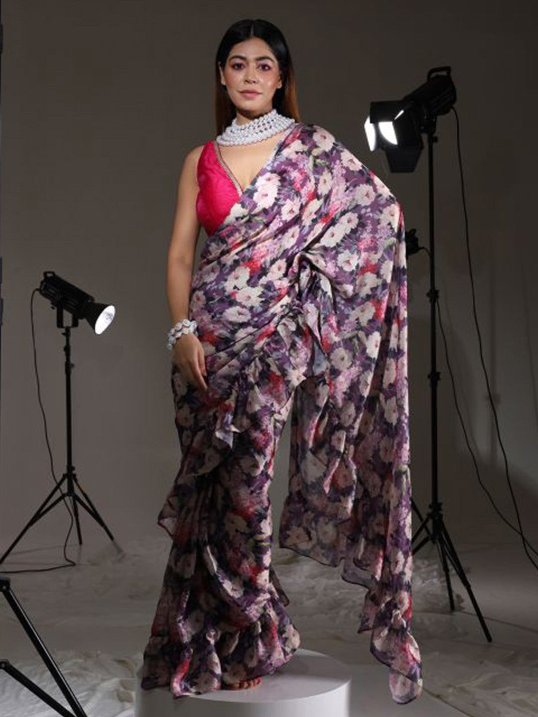 Tikhi Imli Floral Printed Satin Saree | Swadesiicart