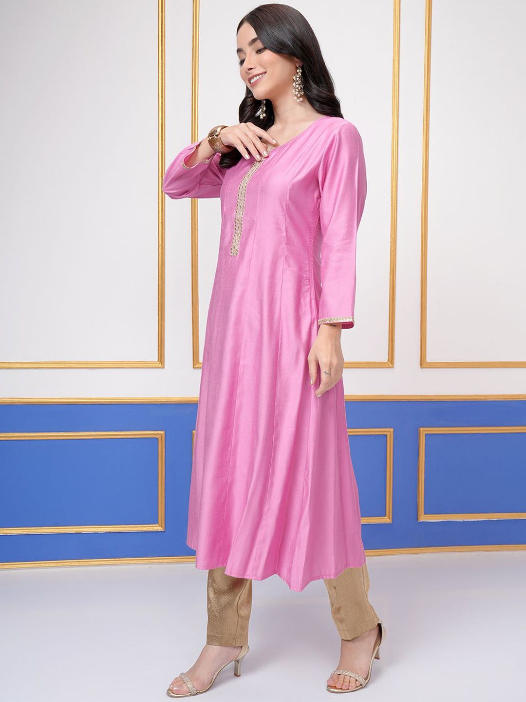 Vishudh Pink Round Neck Three-Quarter Sleeves Panelled A-Line Kurta - Swadesiicart