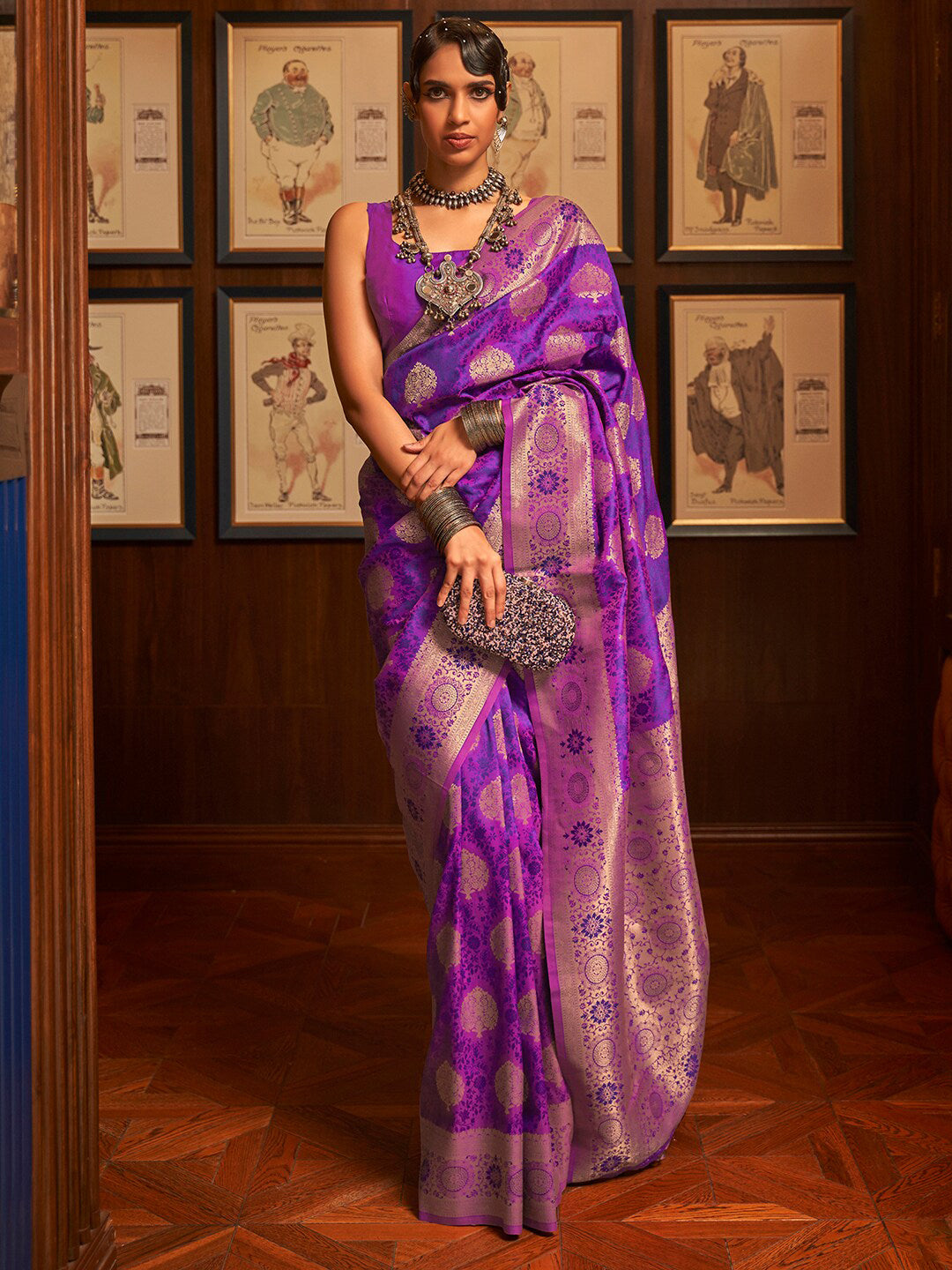 Mitera Women Purple & Gold-Toned Woven Design Zari Silk Blend Banarasi Saree | Swadesiicart