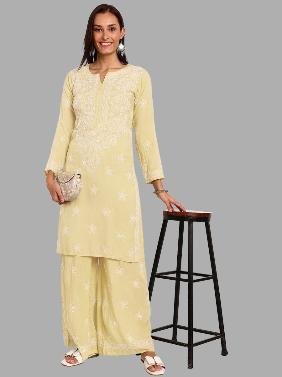ADA Ethnic Motifs Embroidered Regular Chikankari Kurta with Palazzos | Swadesiicart