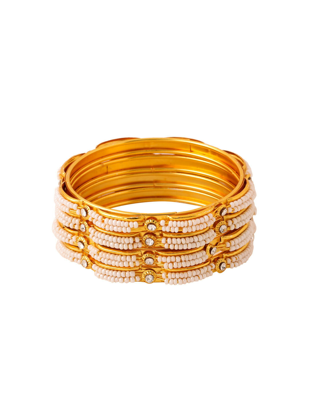 NVR Women's Set of 4 Gold-Polished Traditional Pearls Beaded Bangles - Swadesiicart