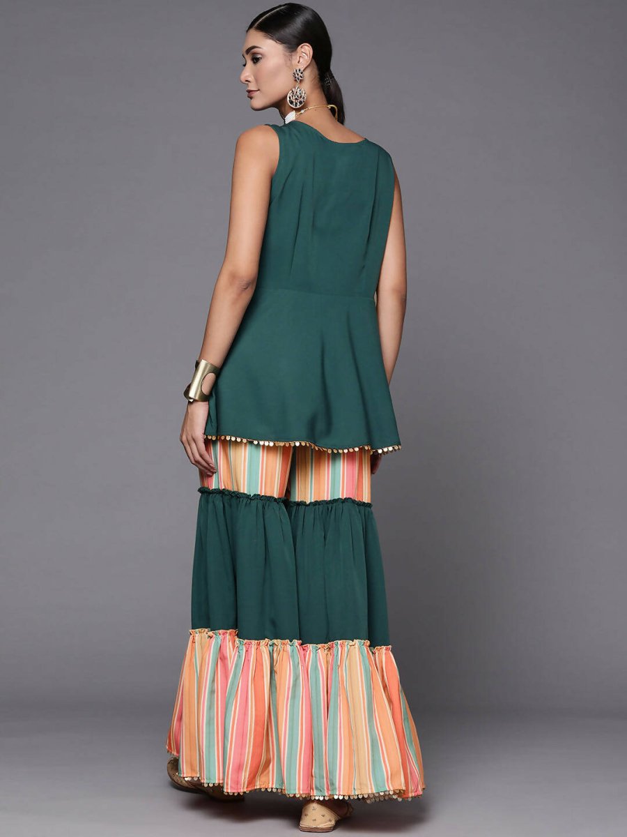 Ahalyaa Green Yoke Geometric Printed High Slit Sequinned Kurti with Sharara | Swadesiicart