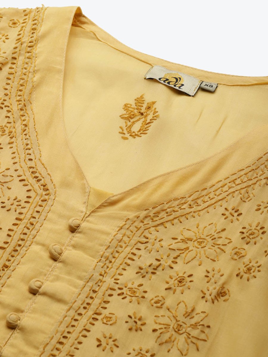 ADA Women Beige & Black Ethnic Motifs Embroidered Chikankari Handloom Kurta with Trousers | Swadesiicart