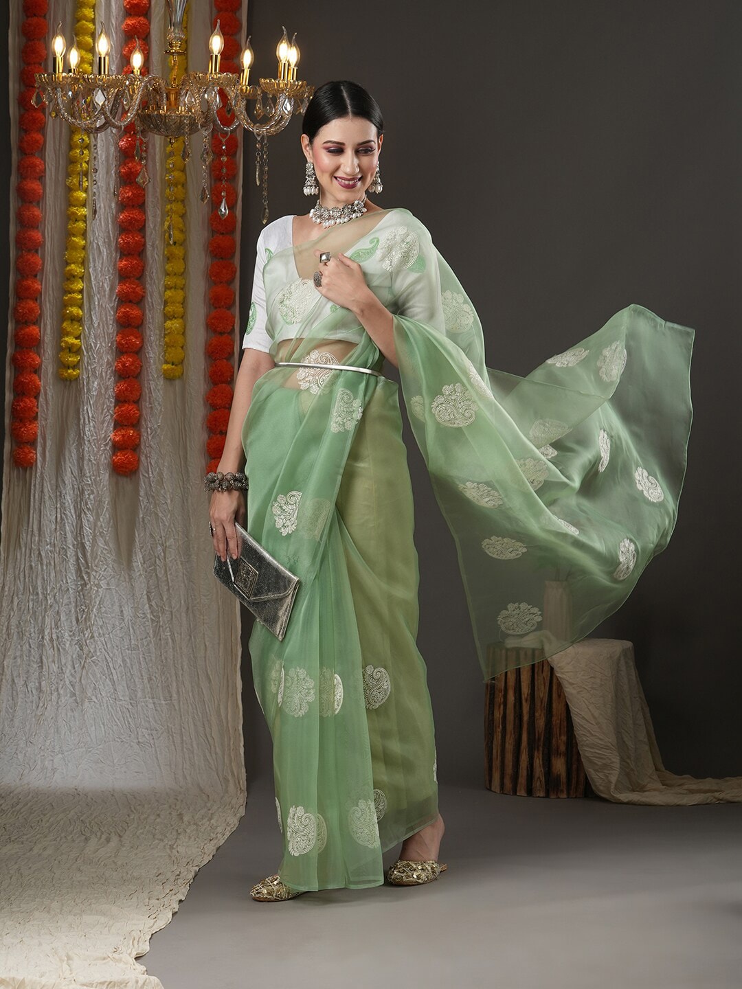 Saree Mall Olive Green & White Paisley Embroidered Organza Banarasi Sarees | Swadesiicart