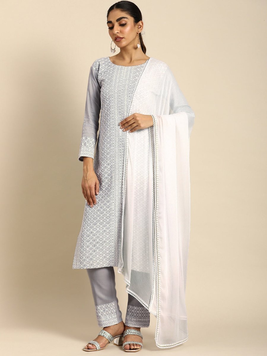 All About You Women Embroidered Chikankari Kurta With Trousers & With Dupatta | Swadesiicart