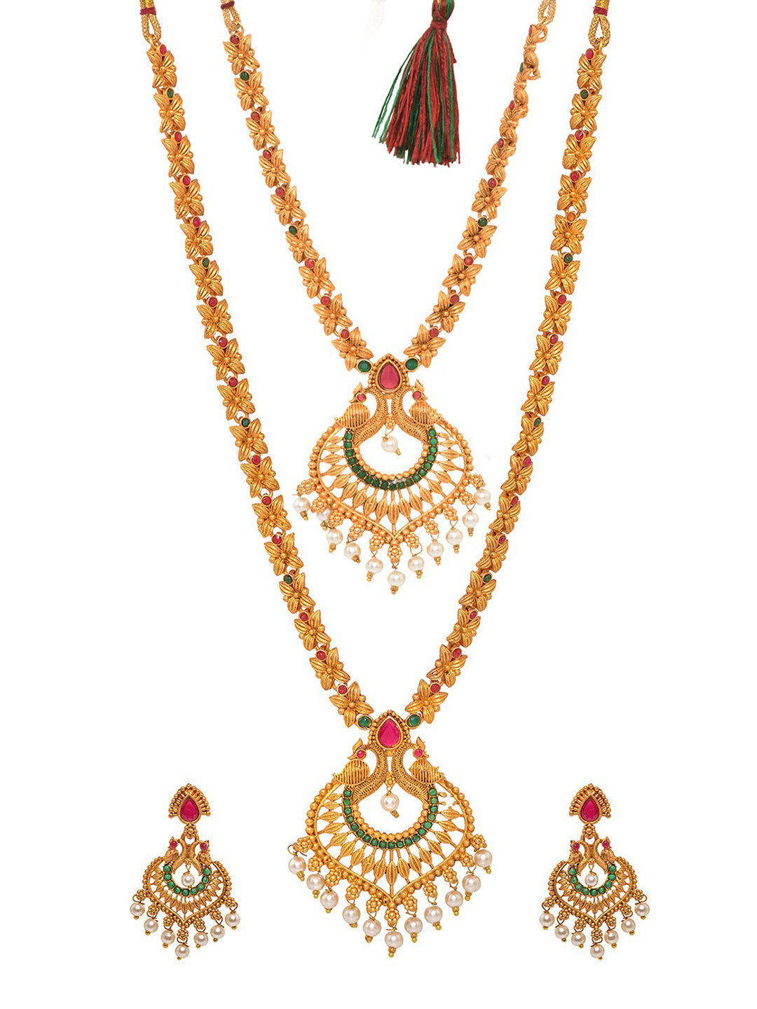 Saraf RS Jewellery Gold-Polished Red & Green Bridal Temple Jewellery Set - Swadesiicart