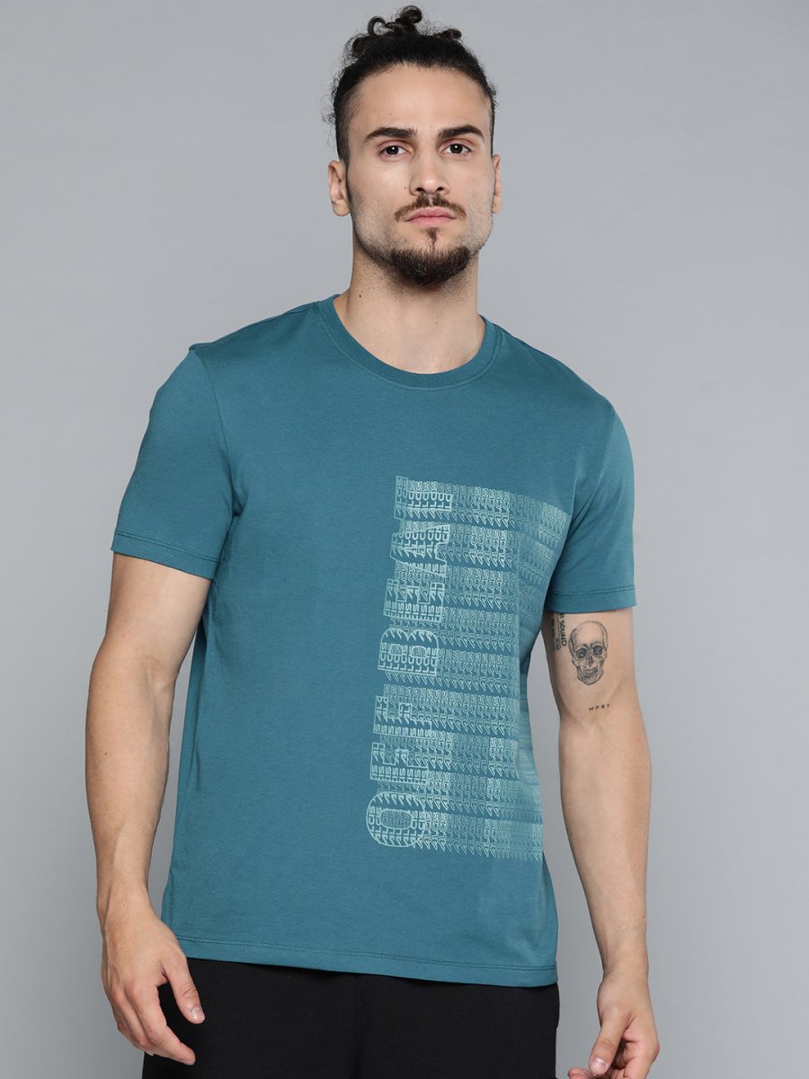 Alcis Men Teal Blue Typography Printed Slim Fit Gym T-shirt | Swadesiicart