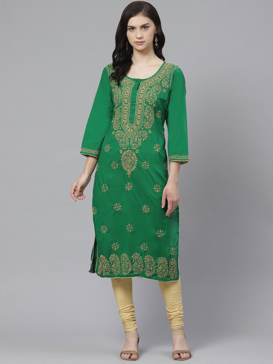 ADA Women Green & Beige Chikankari Embroidered Sustainable Handloom Kurta with Churidar | Swadesiicart