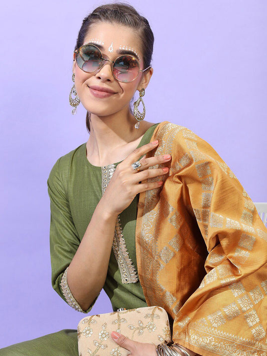 Vishudh Women Green Panelled Kurta with Trousers & With Dupatta - Swadesiicart