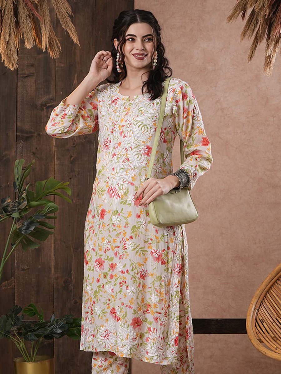ADA Floral Printed Round Neck Regular Lucknowi Chikankari Kurta with Trousers | Swadesiicart