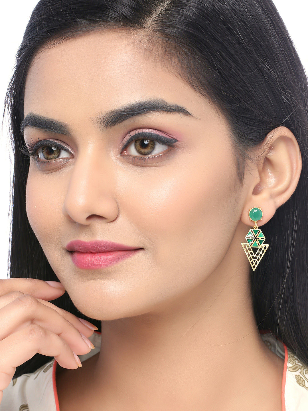 Shoshaa Green Gold-Polished Enamelled Contemporary Drop Earrings | Swadesiicart