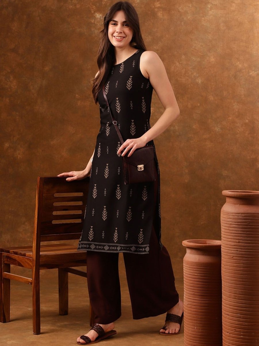 Anouk Black Ethnic Motifs Printed Sleeveless Straight Kurta - Swadesiicart