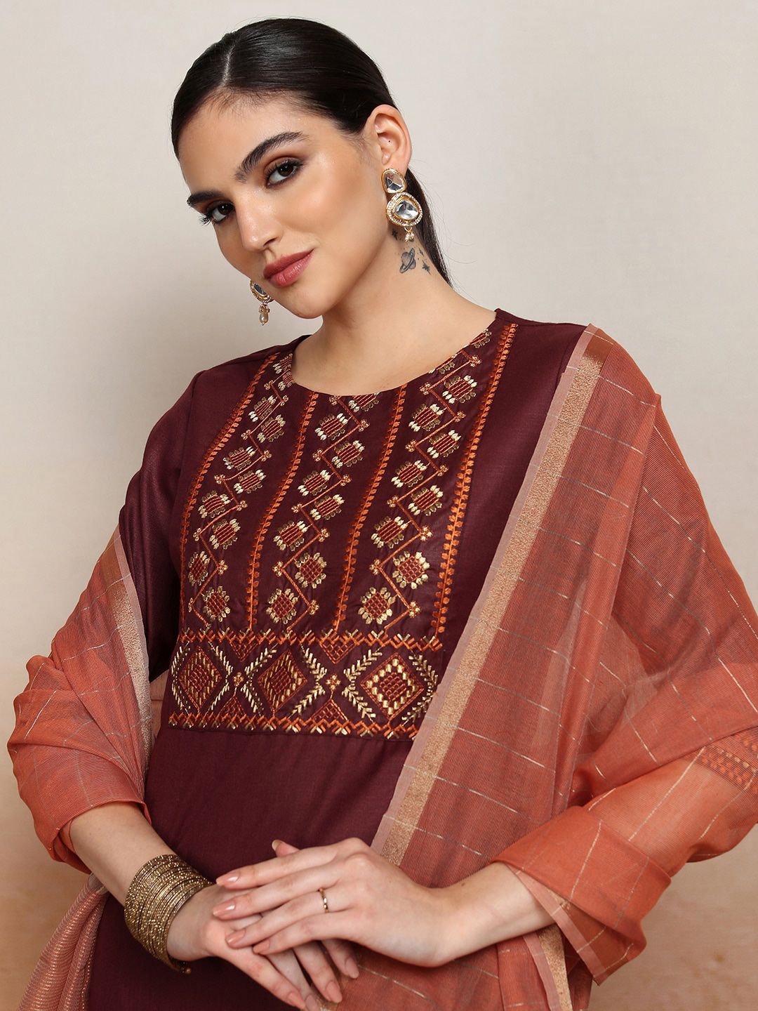 Vishudh Embroidered Rund Neck Straight Kurta & Palazzos With Dupatta - Swadesiicart