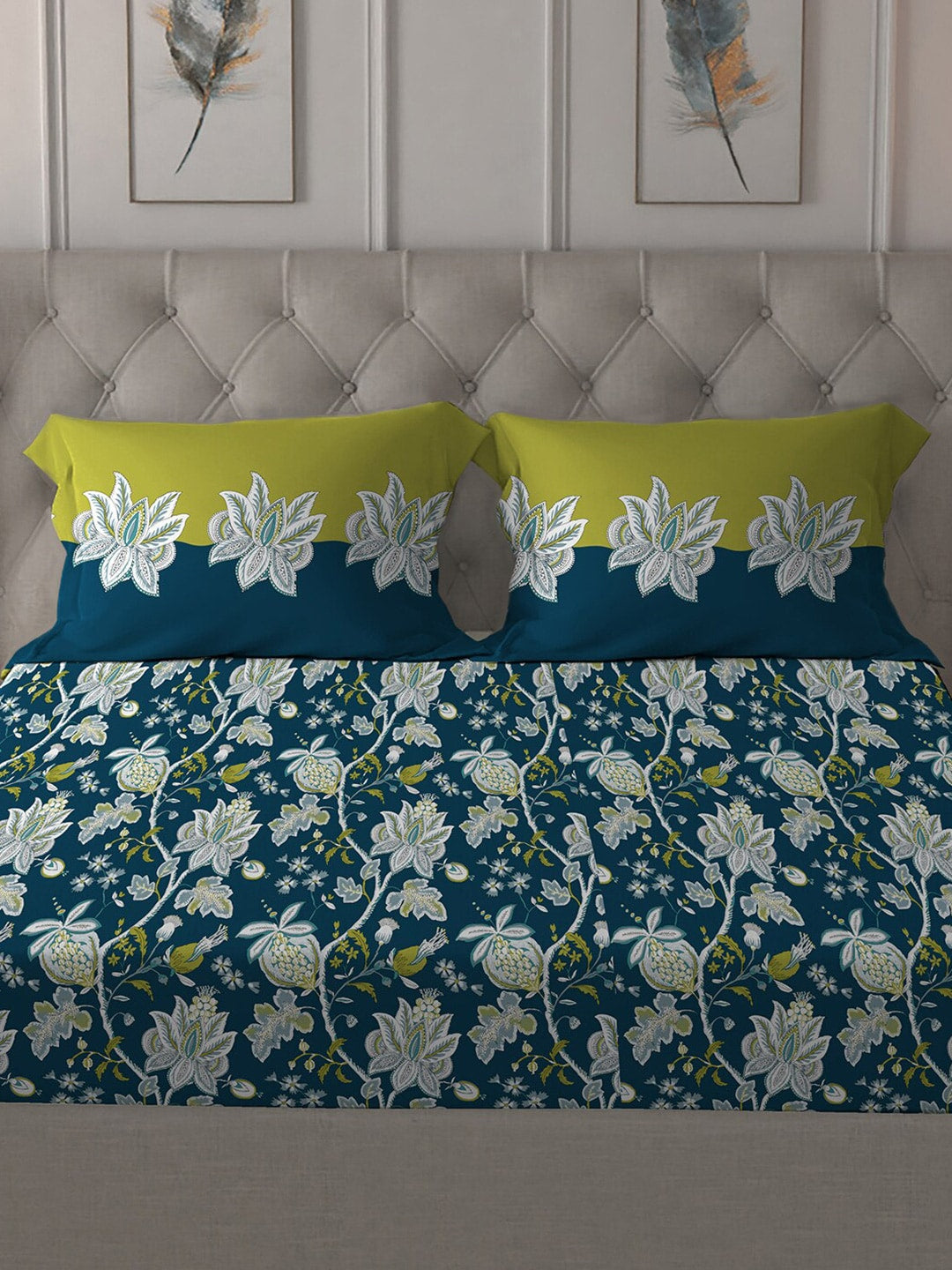 MYTRIDENT Blue White Floral Cotton 144 TC Queen Bedsheet With 2 Pillow Covers - Swadesiicart