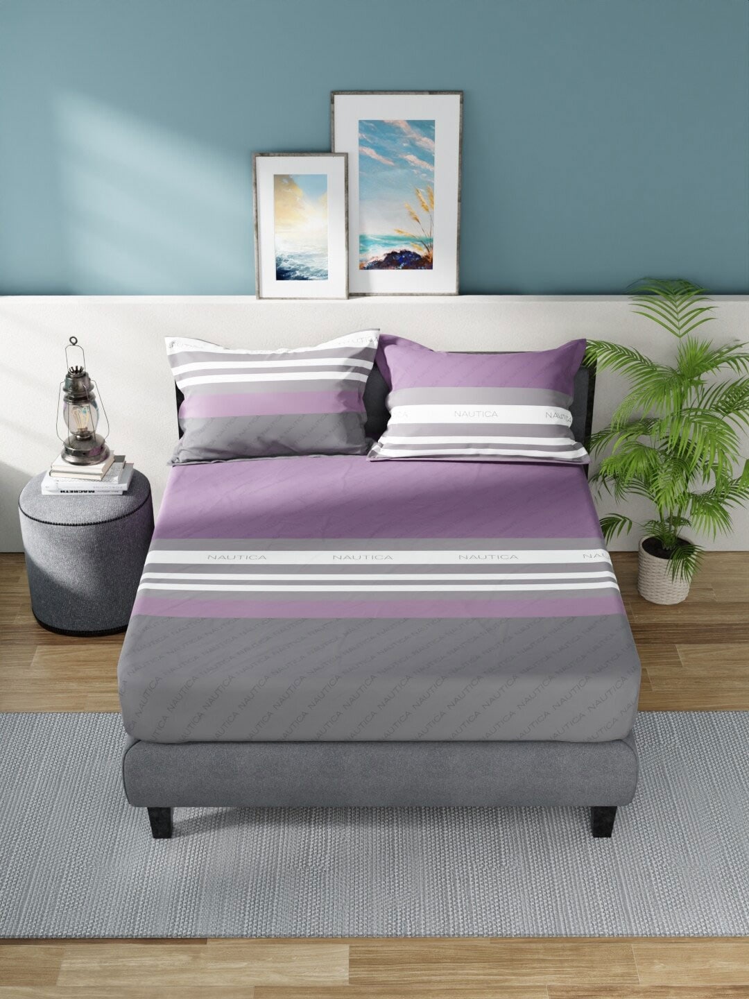 Nautica Bradford Purple & Grey Striped 160 TC Pure Cotton King Bedsheet & 2 Pillow Covers - Swadesiicart