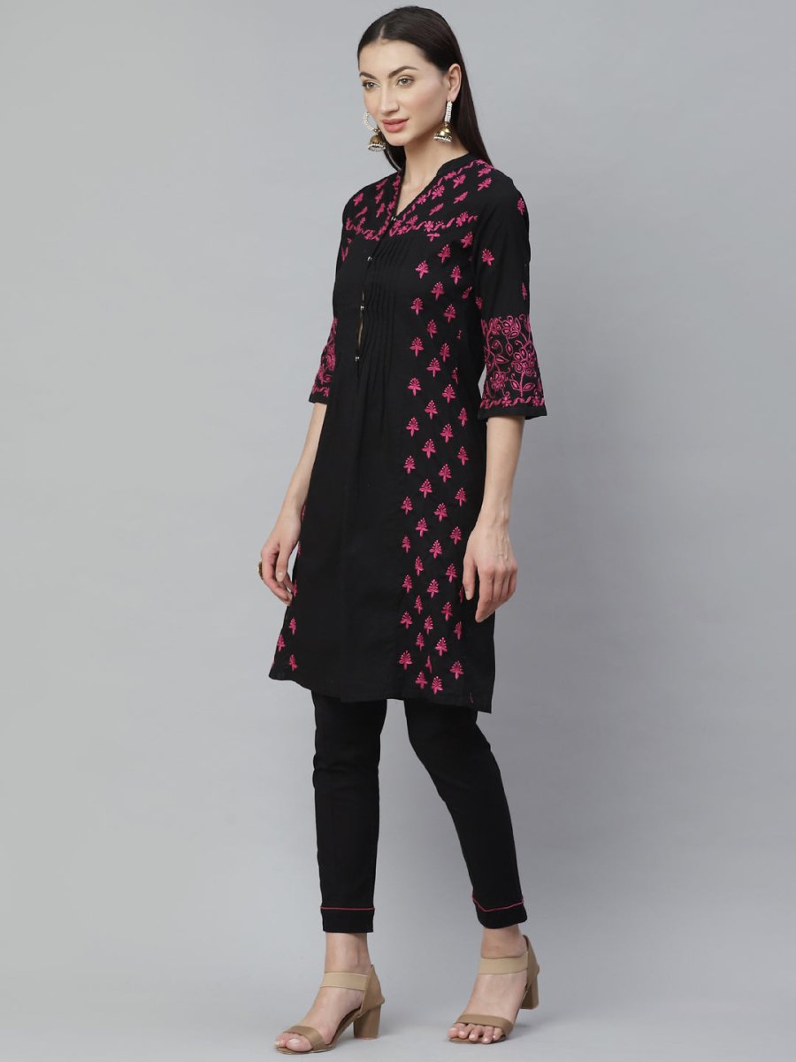 ADA Women Black & Pink Chikankari Hand Embroidered Sustainable Handloom Kurta with Trousers | Swadesiicart