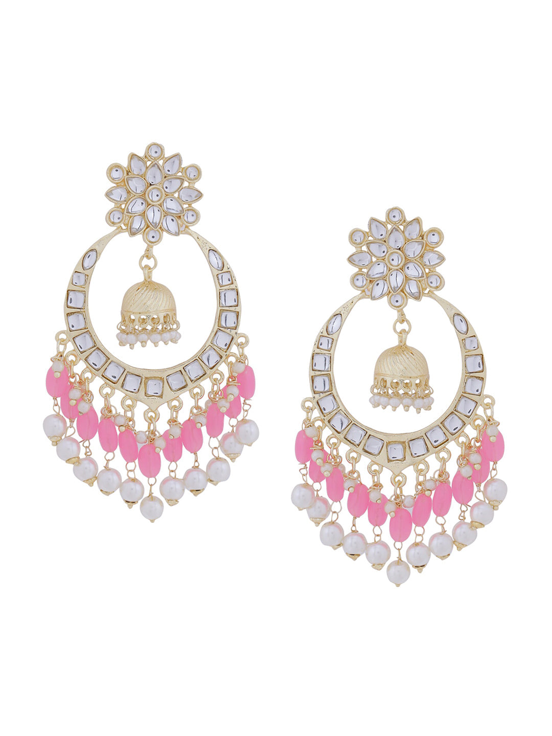 Shoshaa Pink & Gold-Toned Contemporary Kundan Drop Earrings With Pearls | Swadesiicart