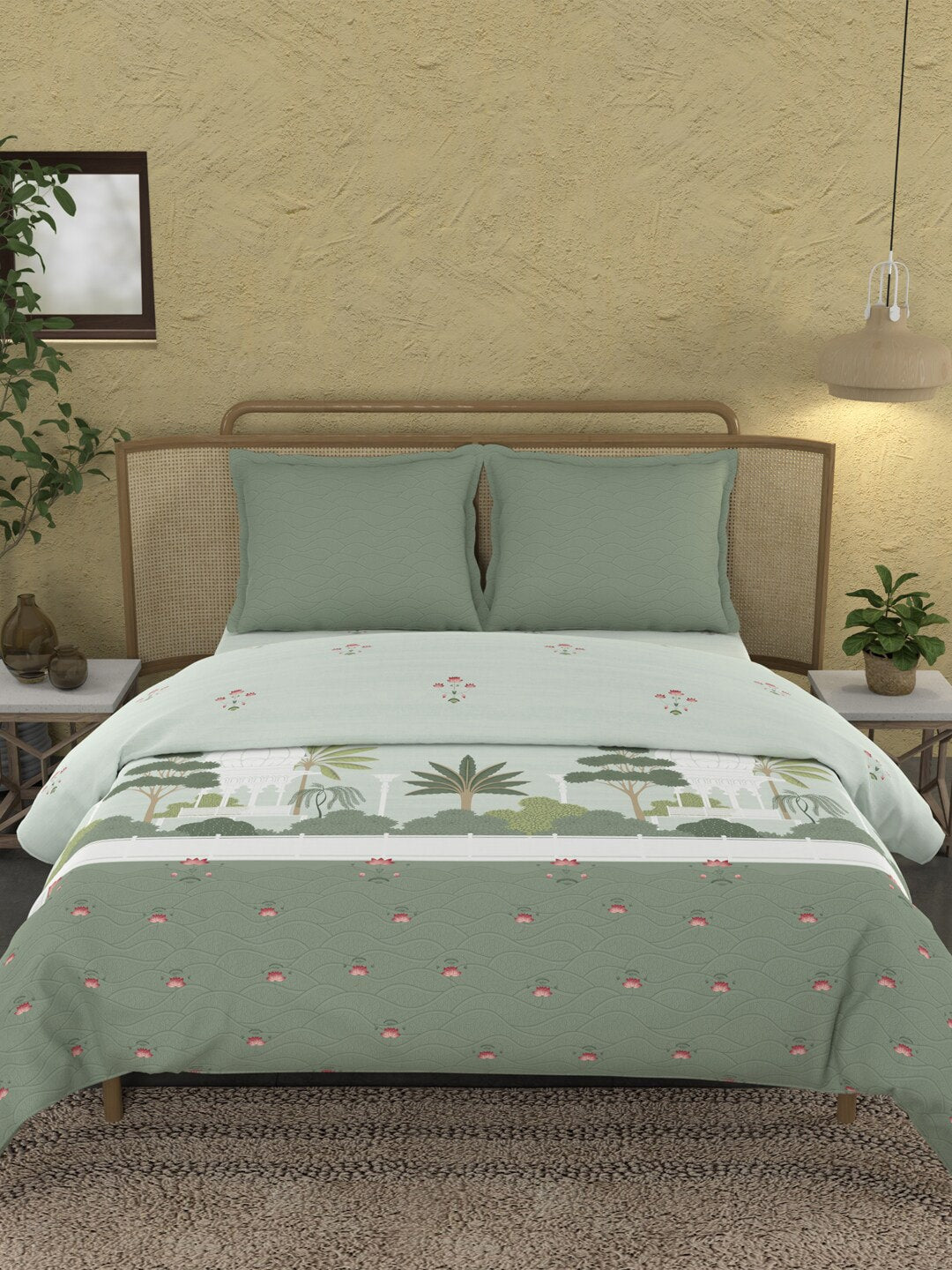 MYTRIDENT Green & White Ethnic Motifs Cotton 144 TC King Bedsheet With 2 Pillow Covers - Swadesiicart