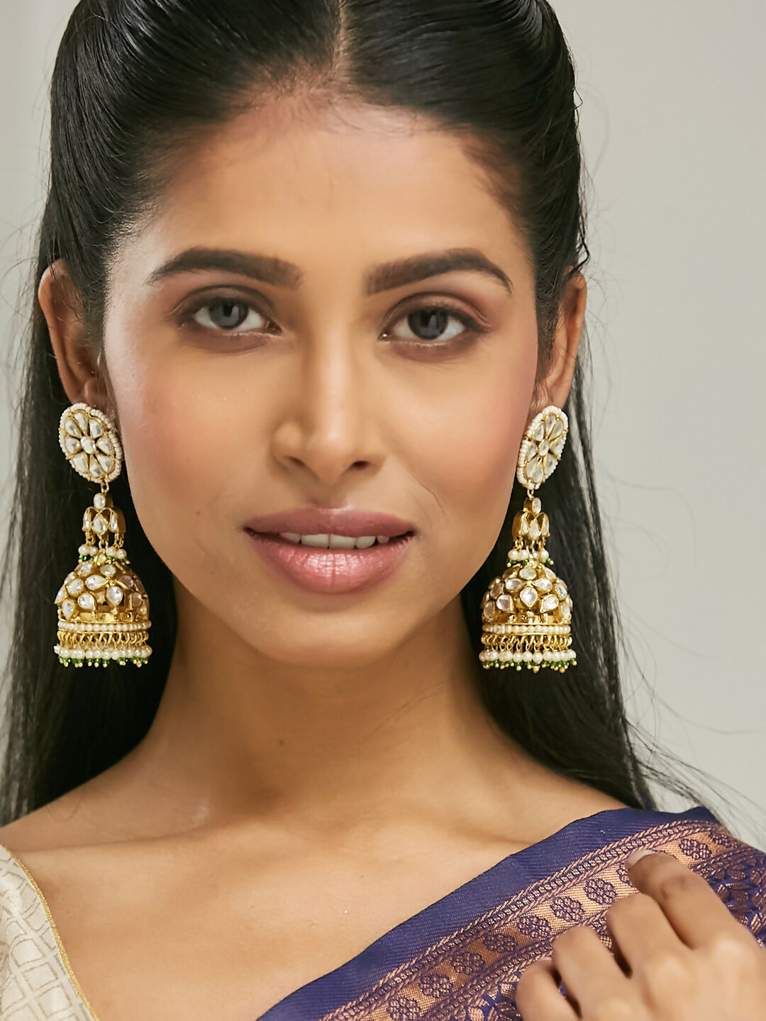Nuyug 22K Gold-Plated Kundan Stone Studded & Pearl Beaded Dome Shaped Jhumkas | Swadesiicart