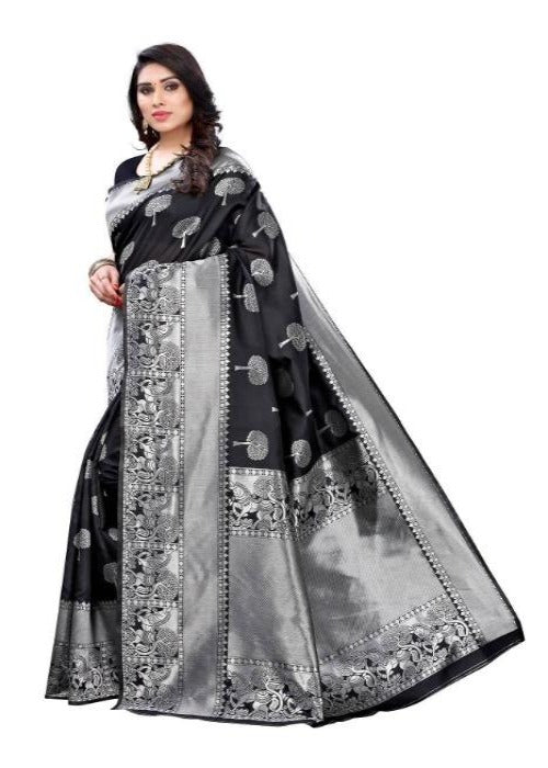 Vamika Banarasi Jacquard Weaving Black Saree (AMEE BLACK) | Swadesiicart