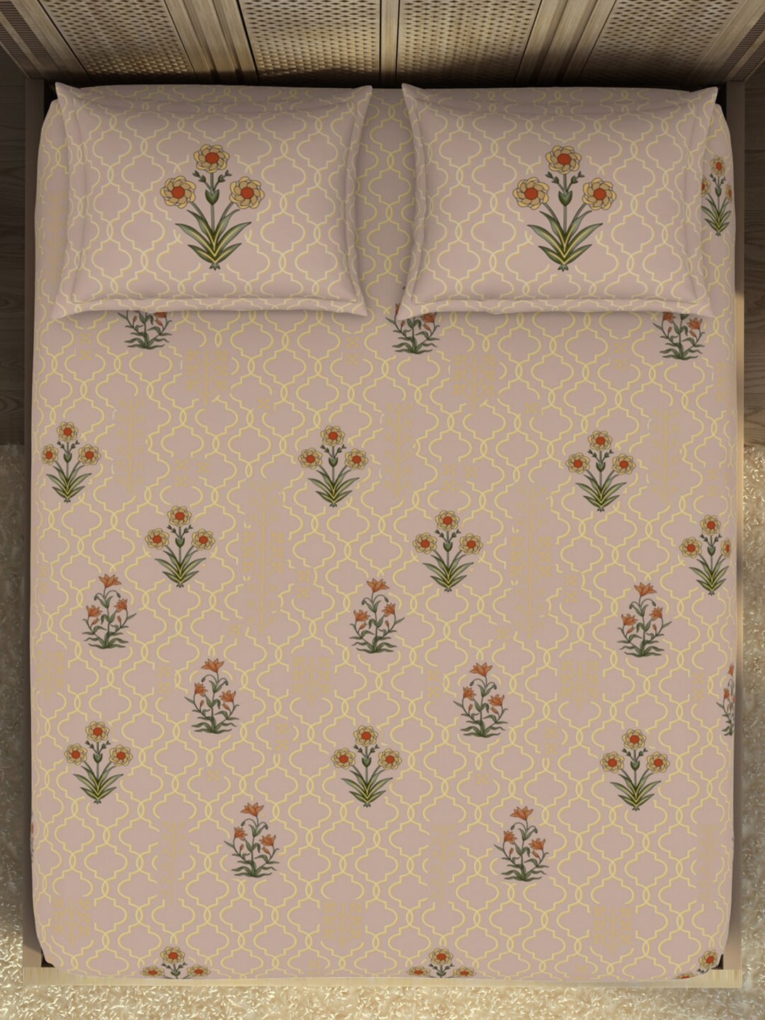 SPACES Pink & Green Ethnic Motifs Cotton 210 TC King Bedsheet With 2 Pillow Covers - Swadesiicart