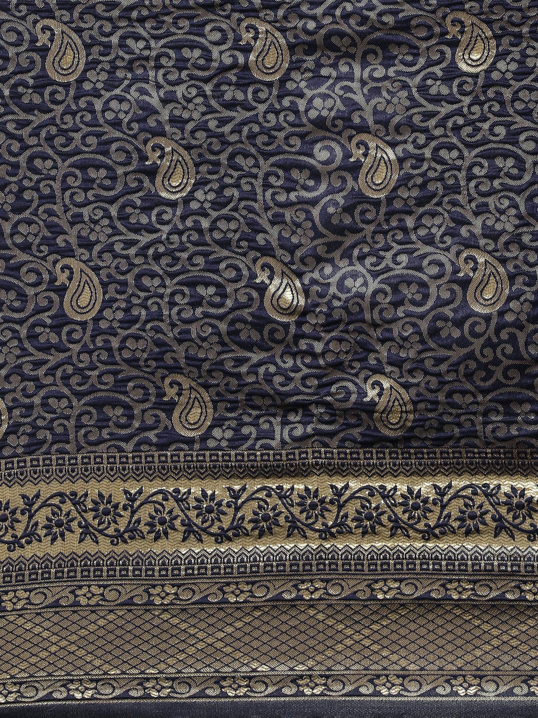 Saree Mall Navy Blue & Gold-Toned Ethnic Motifs Zari Silk Blend Banarasi Sarees | Swadesiicart