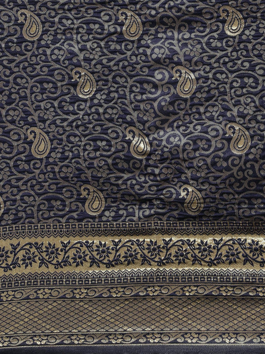 Saree Mall Navy Blue & Gold-Toned Ethnic Motifs Zari Silk Blend Banarasi Sarees | Swadesiicart
