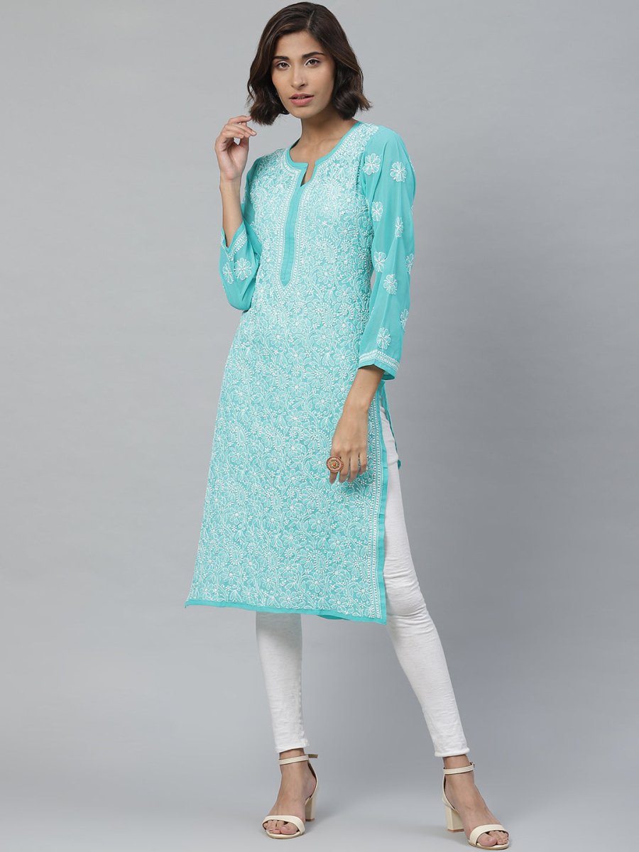 ADA Women Sea Green & White Floral Chikankari Embroidered Straight Sustainable Handloom Kurta | Swadesiicart
