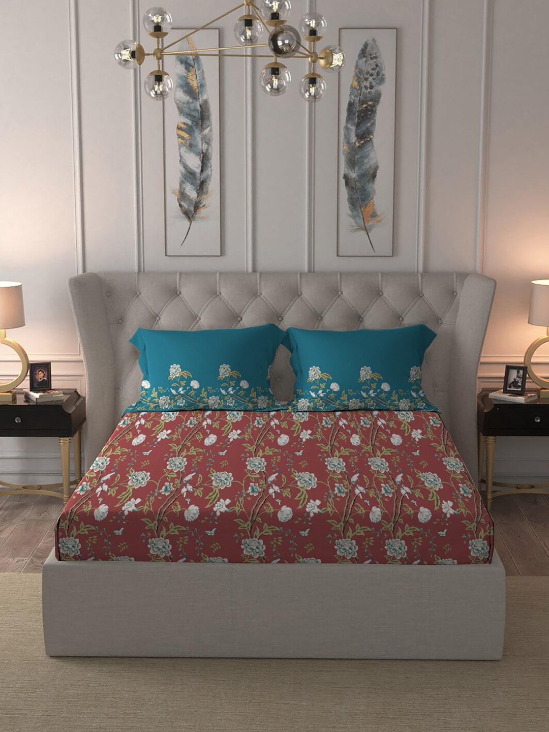 MYTRIDENT Maroon White Floral Pure Cotton 144 TC Queen Bedsheet With 2 Pillow Covers - Swadesiicart