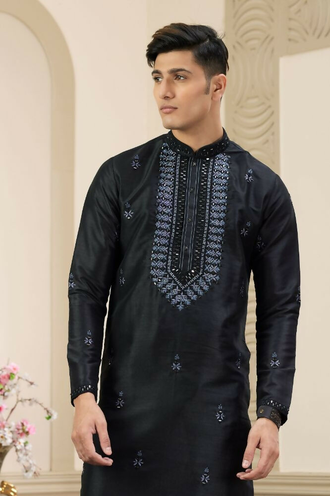 Raivat Ethnic Banarasi Art Silk Thread and Mirror Work Kurta Pajama In Black Colour | Swadesiicart