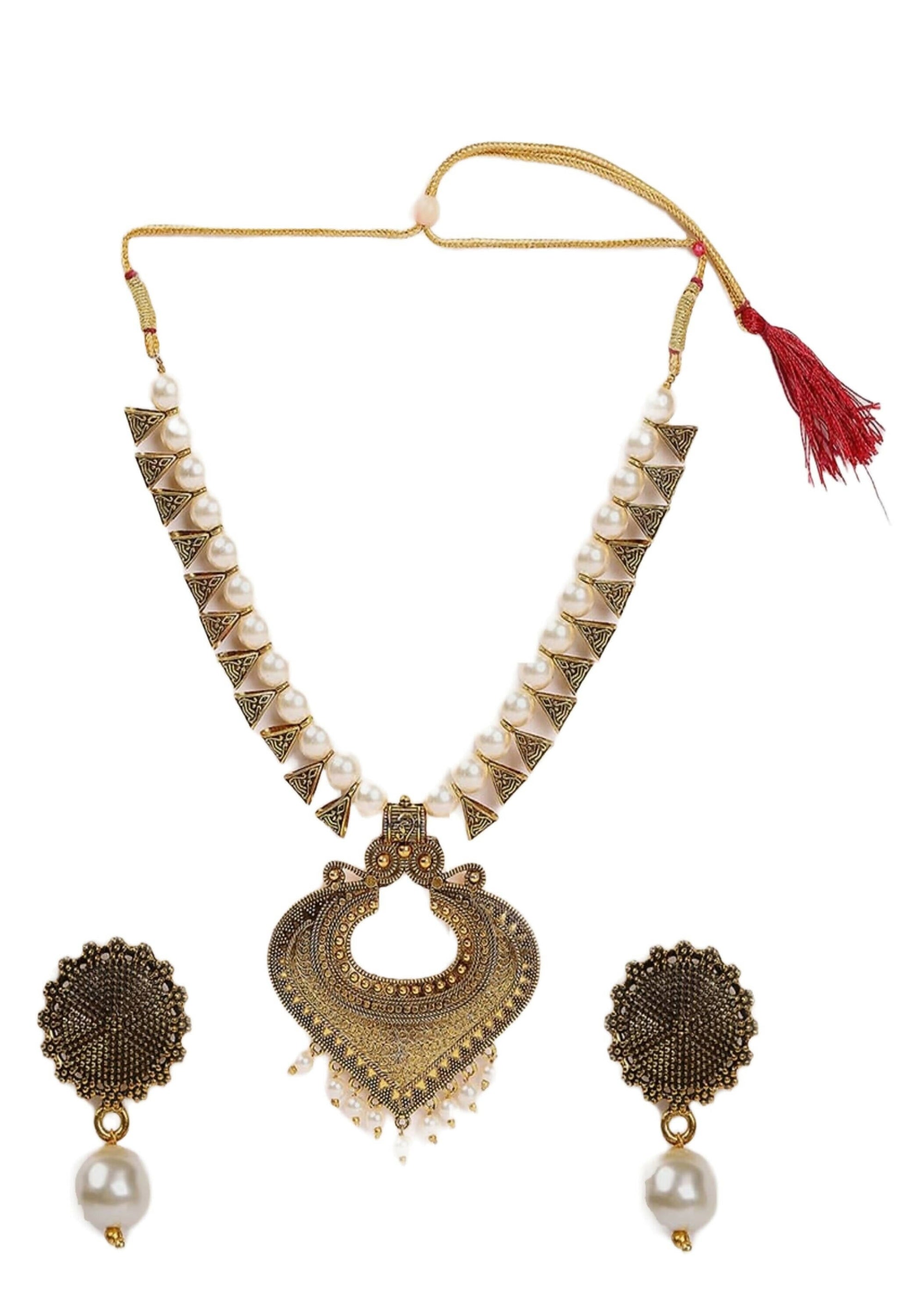 Mominos Fashion Joharkamal Oxidised Gold-Polished Pearls Work Long Necklace Handicraft For Women & Girls | Swadesiicart