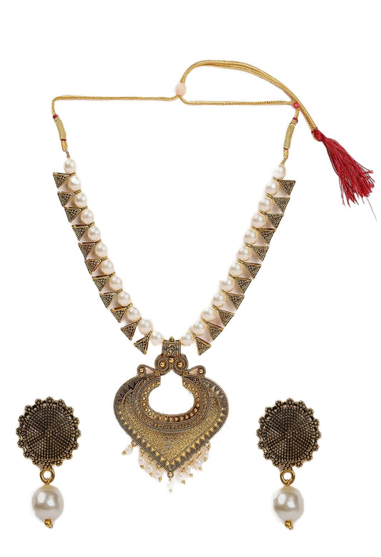 Mominos Fashion Joharkamal Oxidised Gold-Polished Pearls Work Long Necklace Handicraft For Women & Girls | Swadesiicart