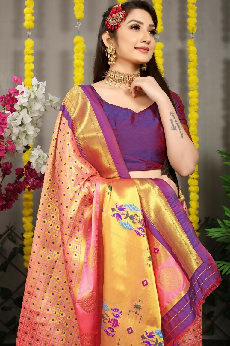 Jyoti Fashion Women's Baby Pink Banarasi Silk Zari Woven Saree with Blouse | Swadesiicart