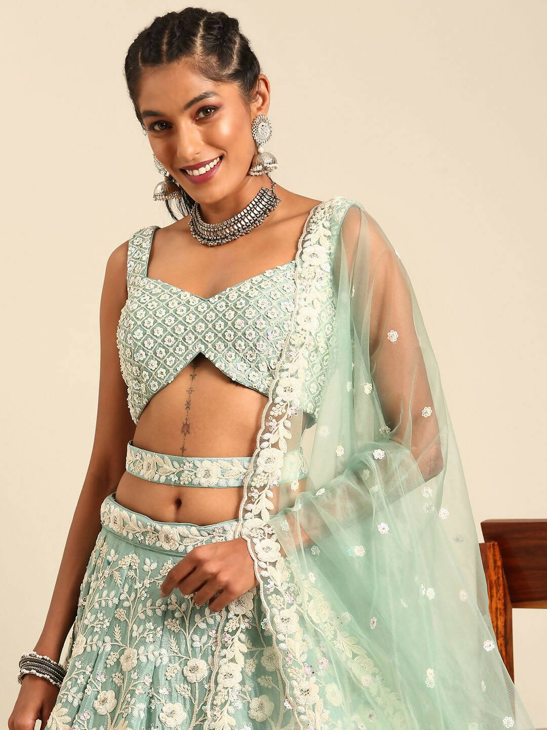 House of Panchhi Sea Green Chinon Sequins and Zarkan embroidery Lehenga choli & Dupatta | Swadesiicart