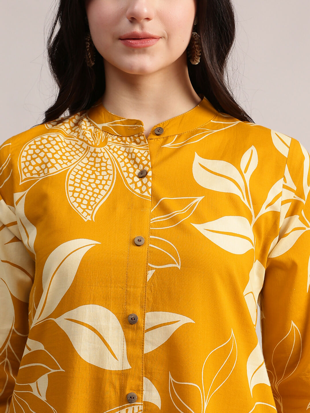 Aavyora Women's Mustard Yellow & White Floral Printed Cotton Co-Ord Set - Swadesiicart