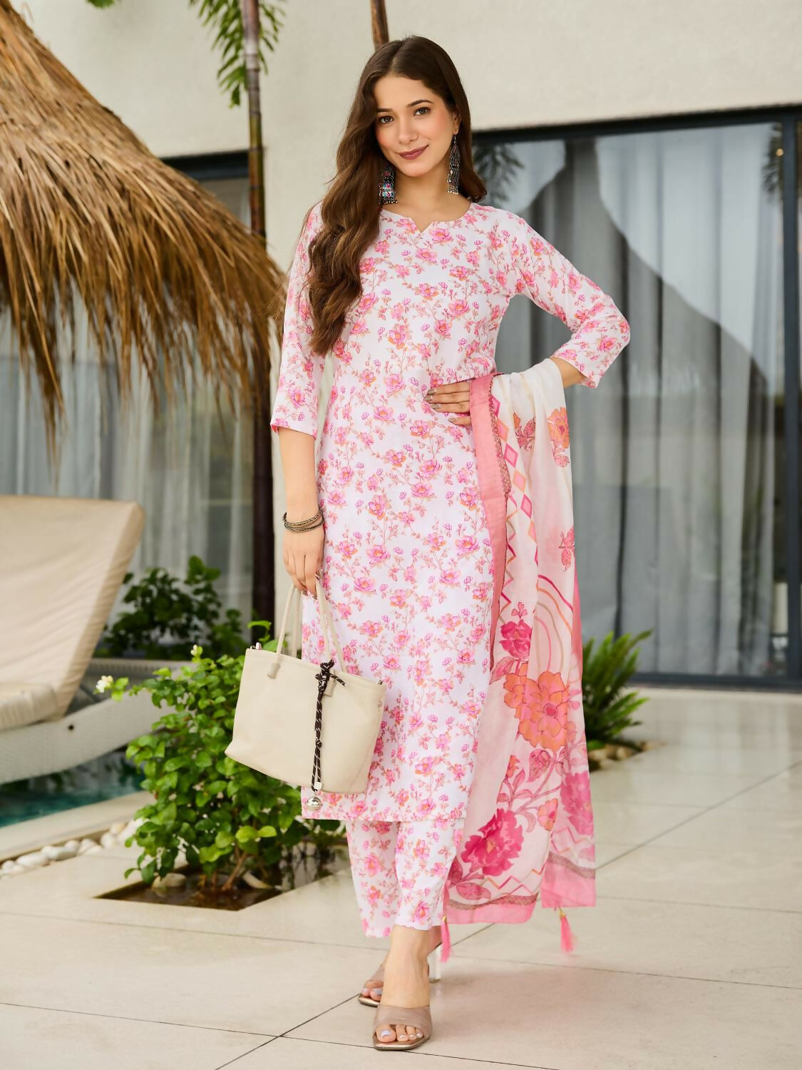 The52 Pink Women's Beautiful Printed Silk Blend Fabric with Straight Kurta, Pant and Dupatta Set - Swadesiicart