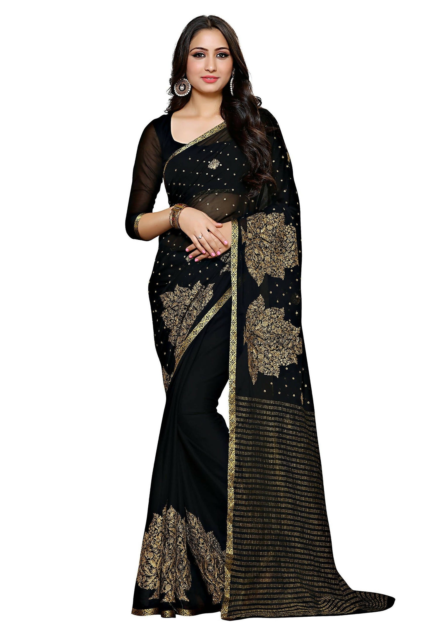 Mimosa Women's Banarasi Chiffon Black Saree | Swadesiicart