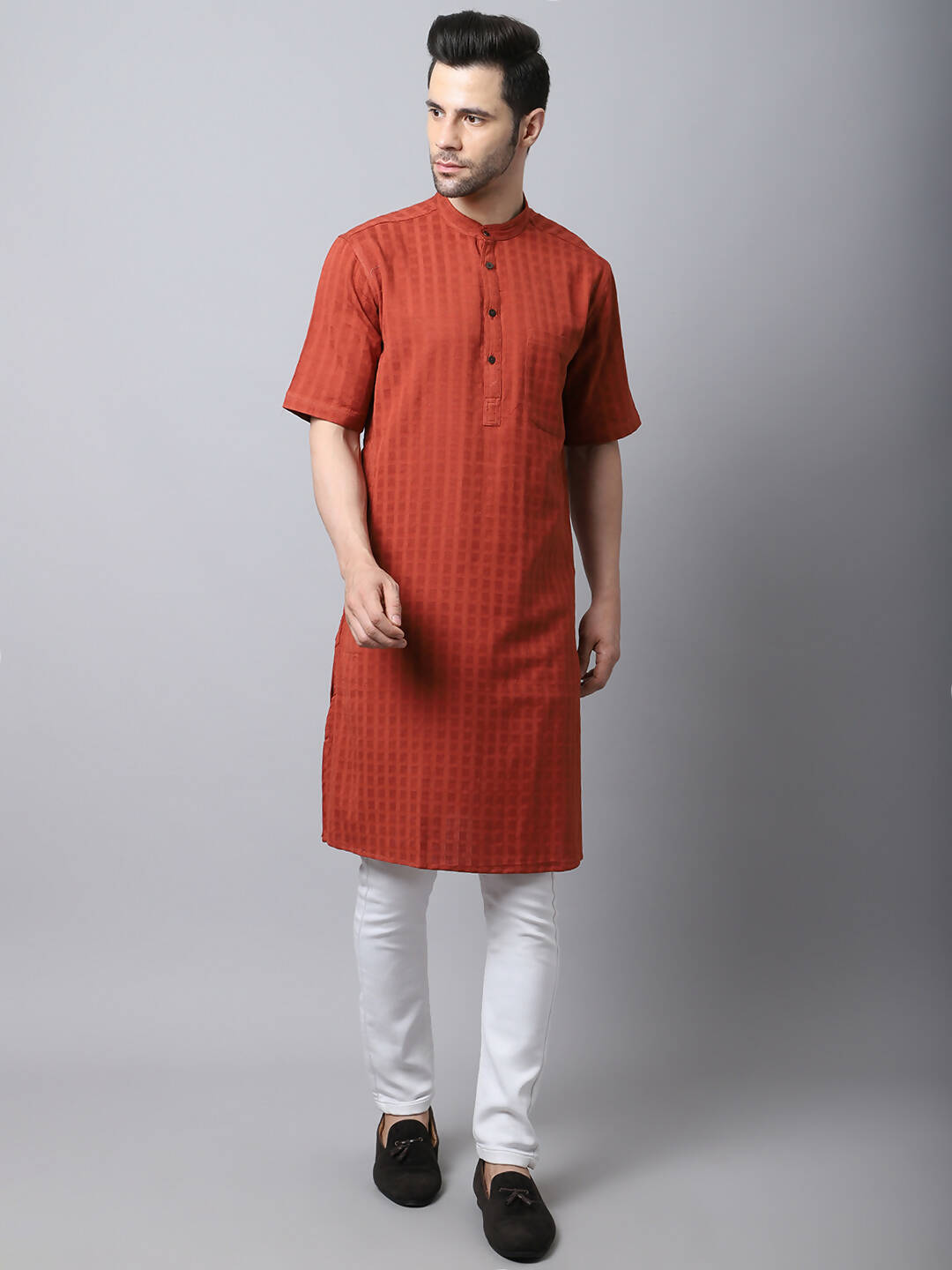 Even Apparels Red Pure Cotton Kurta With Band Collar | Swadesiicart