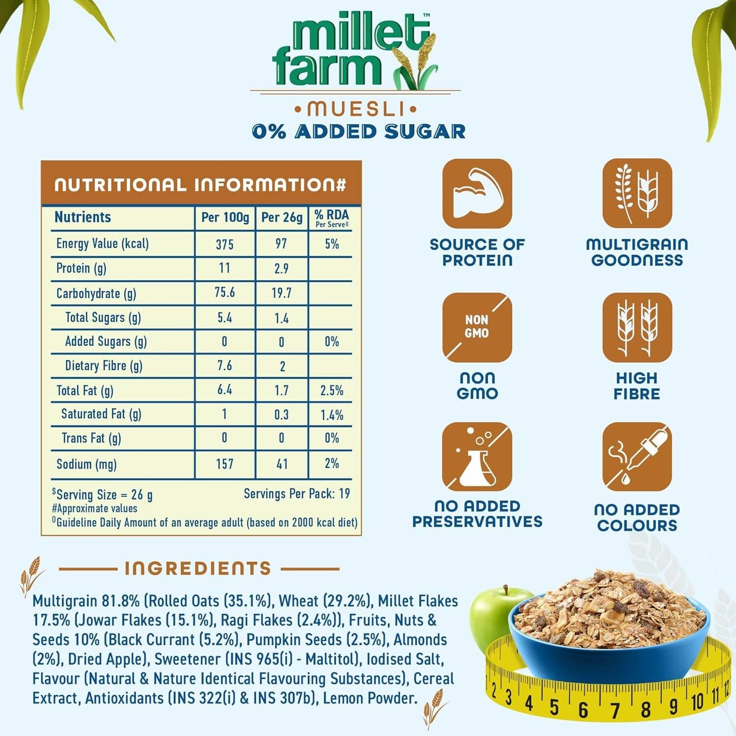 Bagrry's Millet Farm Muesli 0% Added Sugar with Jowar and Ragi - Swadesiicart