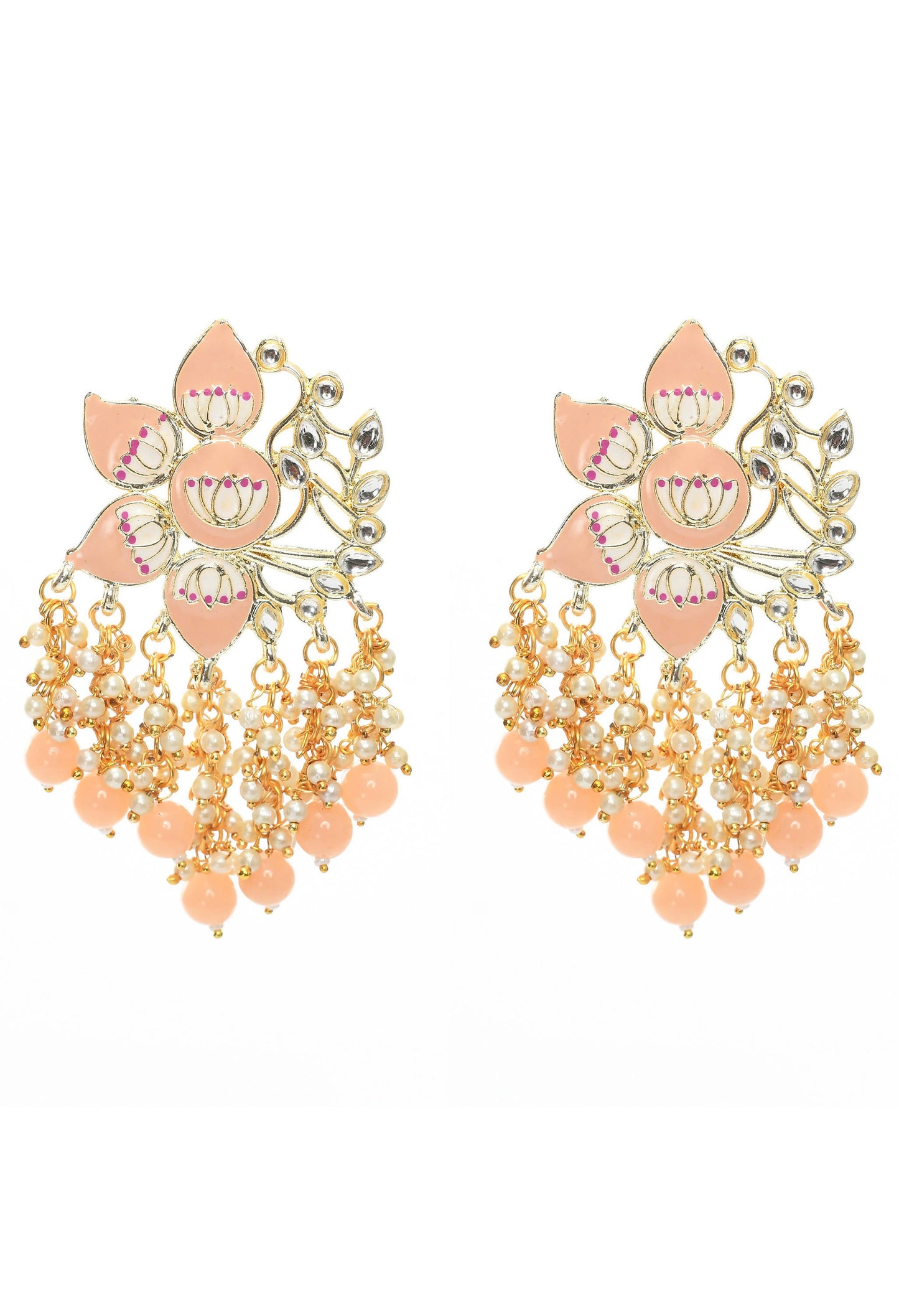Mominos Fashion Johar Kamal Gold-Polished Kundan Peach Meenakari Earrings - Mominos Fashion