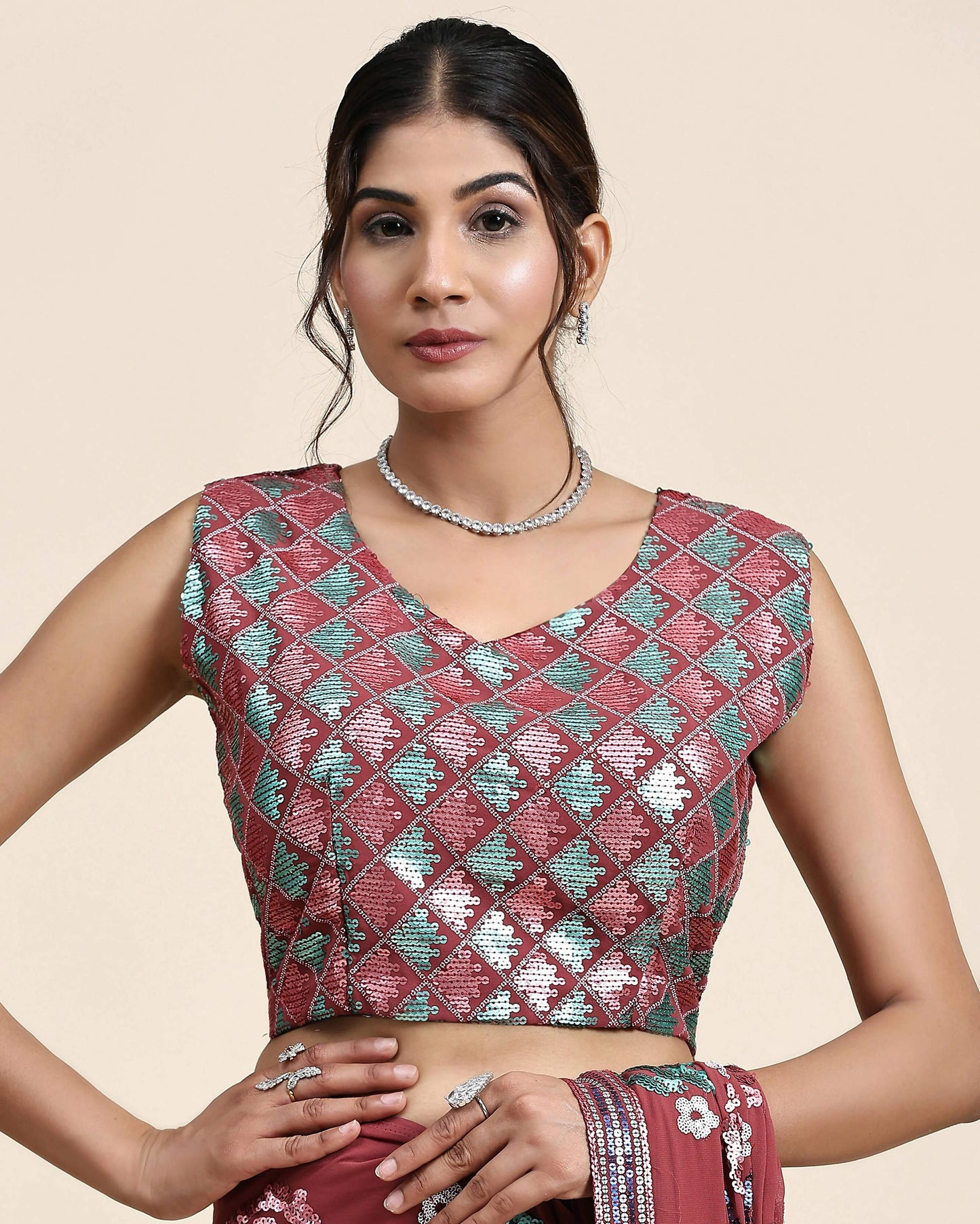 Peach Pure Georgette Sequence work Ready to wear Saree with stitched Blouse - Nirvana | Swadesiicart
