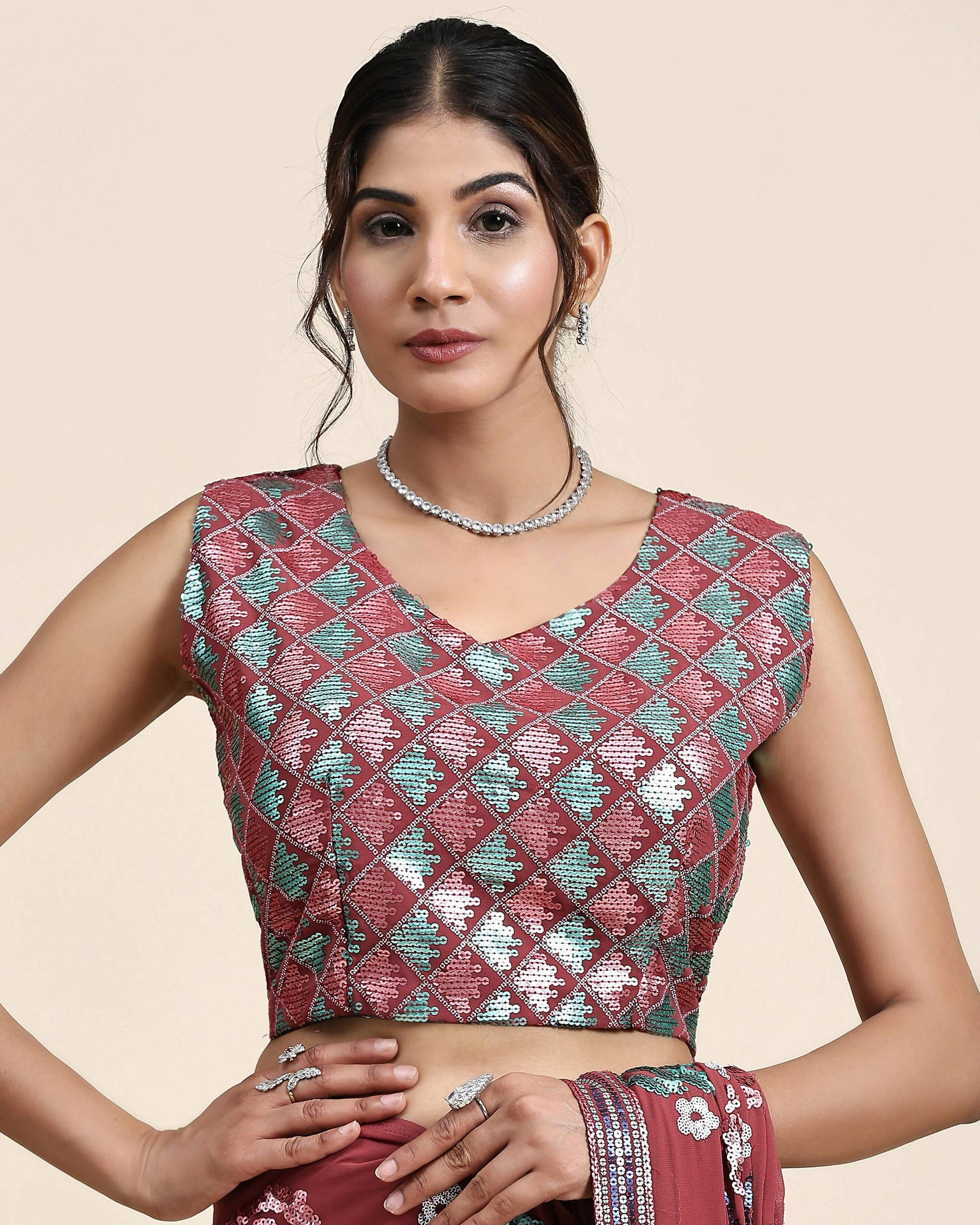 Peach Pure Georgette Sequence work Ready to wear Saree with stitched Blouse - Nirvana | Swadesiicart
