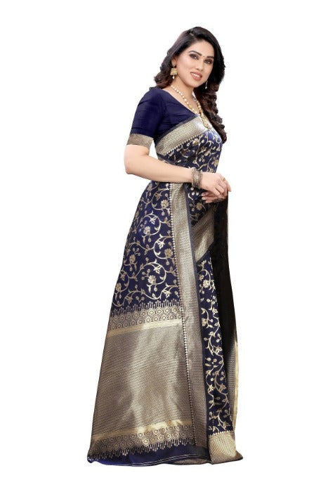 Vamika Banarasi Jacquard Weaving Navy Blue Saree (PARINITI NAVY) | Swadesiicart