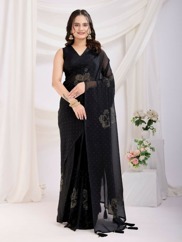 Black Rangoli Silk Diamond Work Ready To Wear Saree - Tamana | Swadesiicart