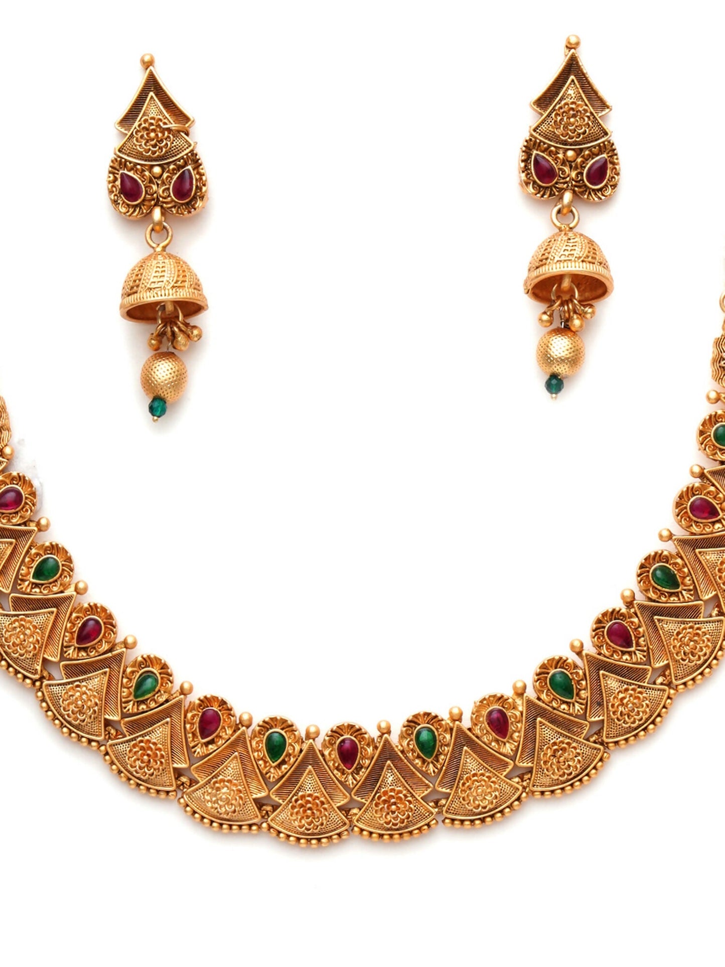 Temple Choker with Matching Jhumki Jewellery Set (Gold) - Ruby Raang - Swadesiicart