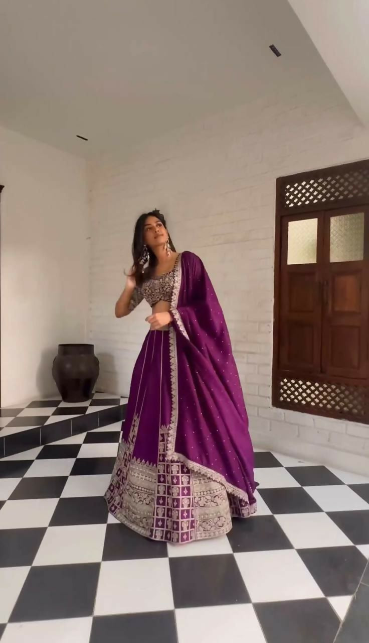 Jyoti Fashion Women's Wine Faux Georgette Sequins with Thread Embroidered Designer Lehenga Choli Set | Swadesiicart